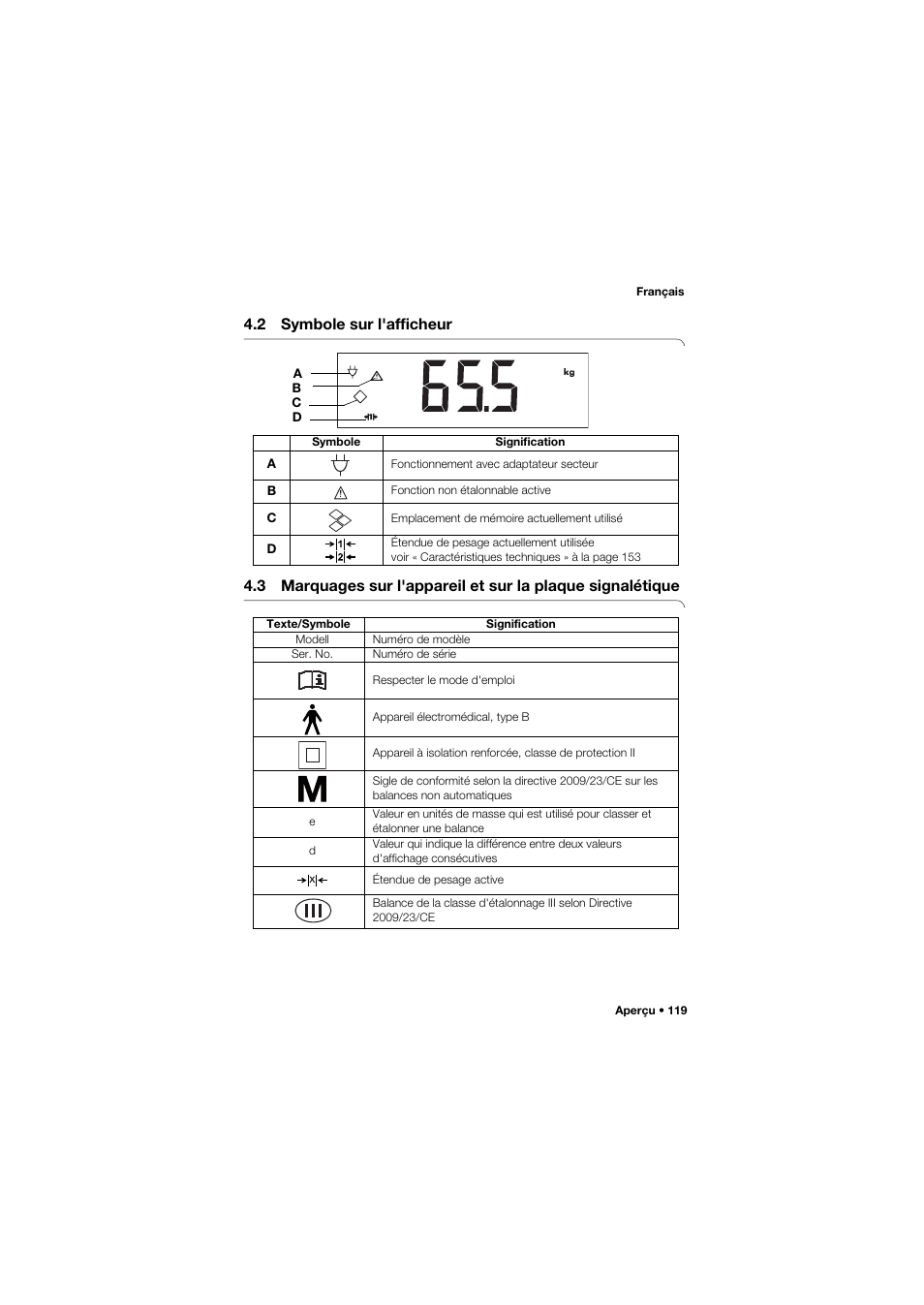 2 symbole sur l'afficheur | Seca 665 User Manual | Page 119 / 377