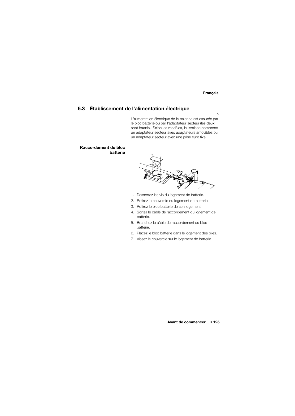 3 établissement de l'alimentation électrique, Raccordement du bloc batterie | Seca 665 User Manual | Page 125 / 377