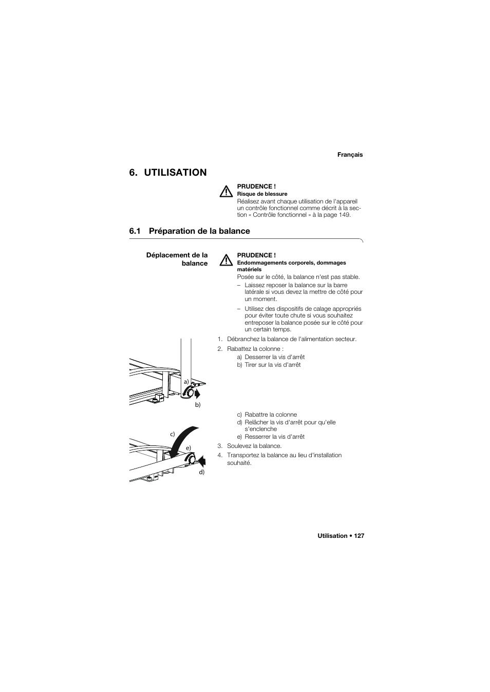 Utilisation, 1 préparation de la balance, Déplacement de la balance | Seca 665 User Manual | Page 127 / 377