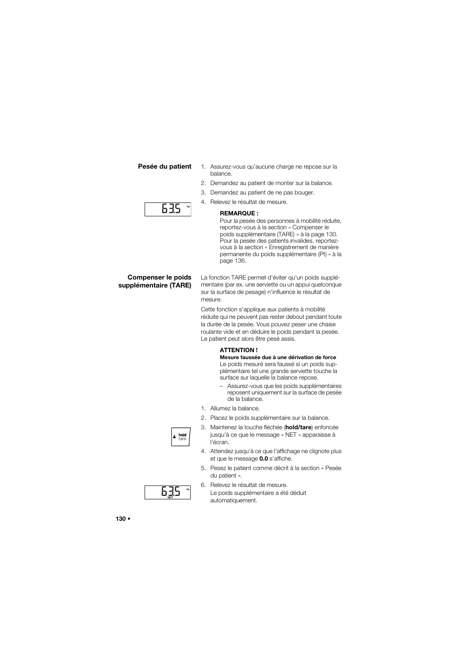 Pesée du patient, Compenser le poids supplémentaire (tare) | Seca 665 User Manual | Page 130 / 377