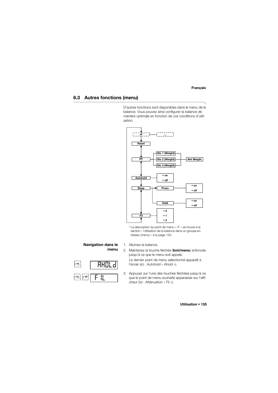 3 autres fonctions (menu), Navigation dans le menu | Seca 665 User Manual | Page 135 / 377