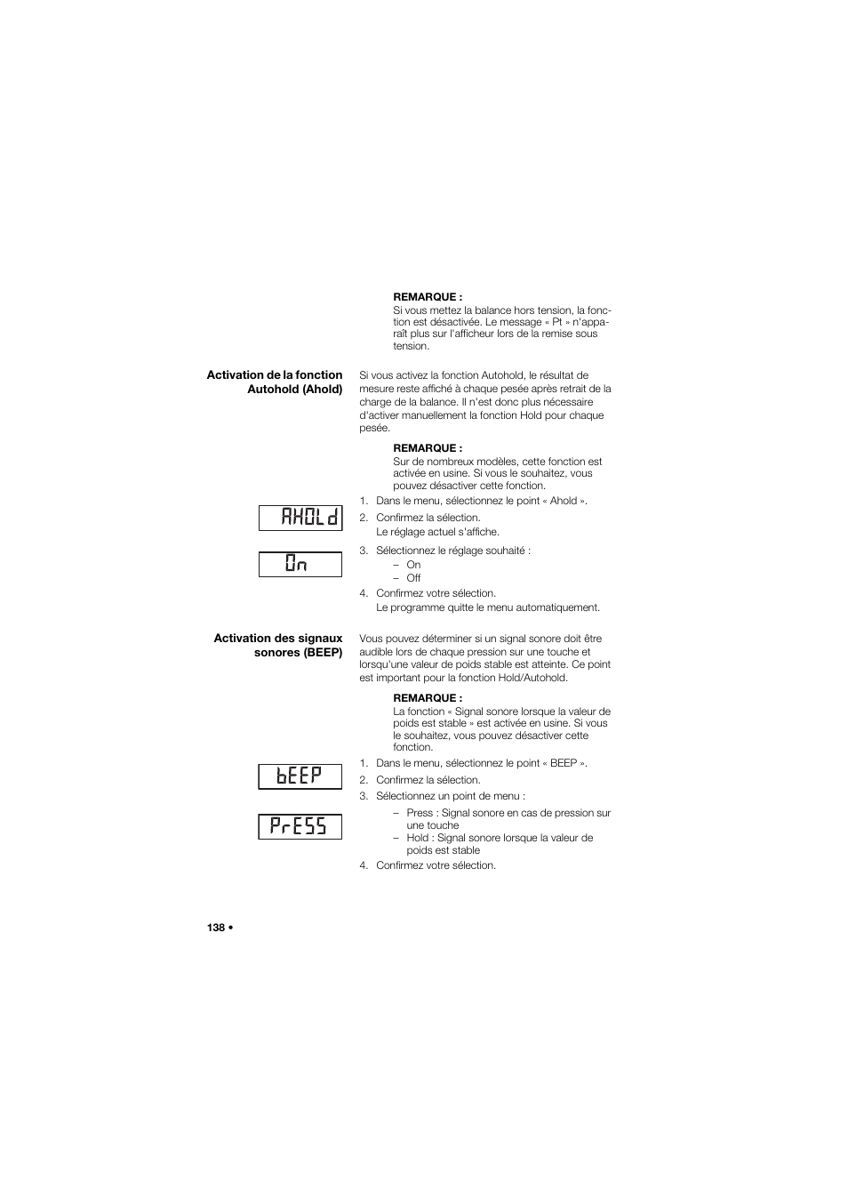 Activation de la fonction autohold (ahold), Activation des signaux sonores (beep) | Seca 665 User Manual | Page 138 / 377