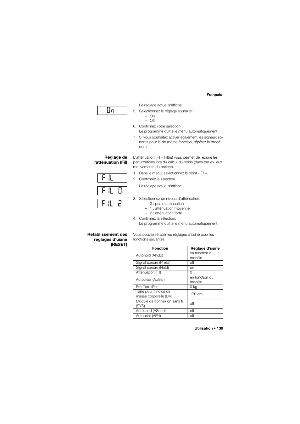 Réglage de l'atténuation (fil), Rétablissement des réglages d'usine (reset) | Seca 665 User Manual | Page 139 / 377