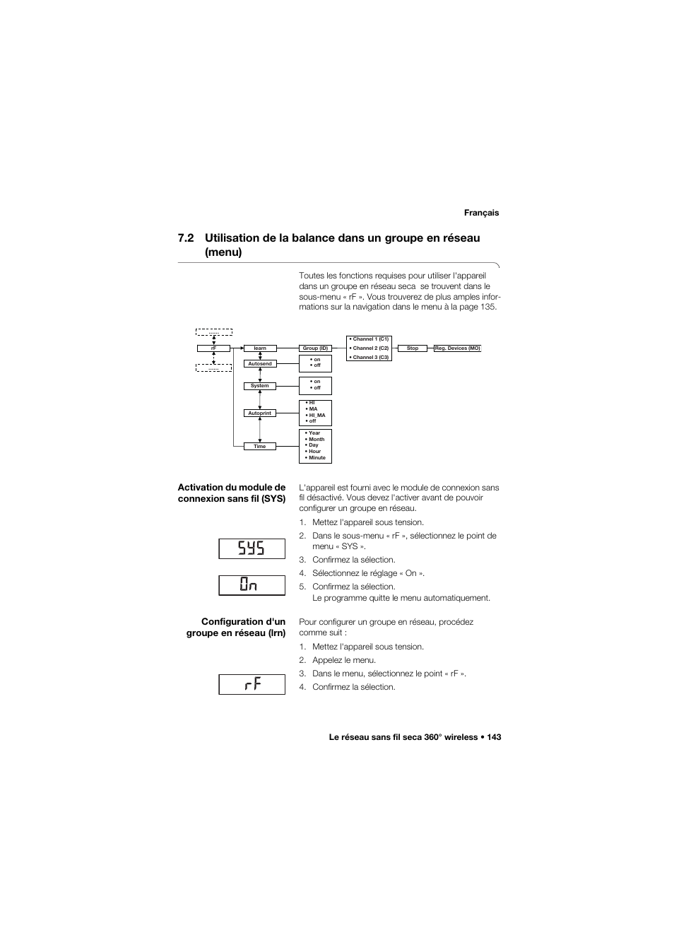 Activation du module de connexion sans fil (sys), Configuration d'un groupe en réseau (lrn), 2 utilisation de la balance dans un | Groupe en réseau (menu) | Seca 665 User Manual | Page 143 / 377