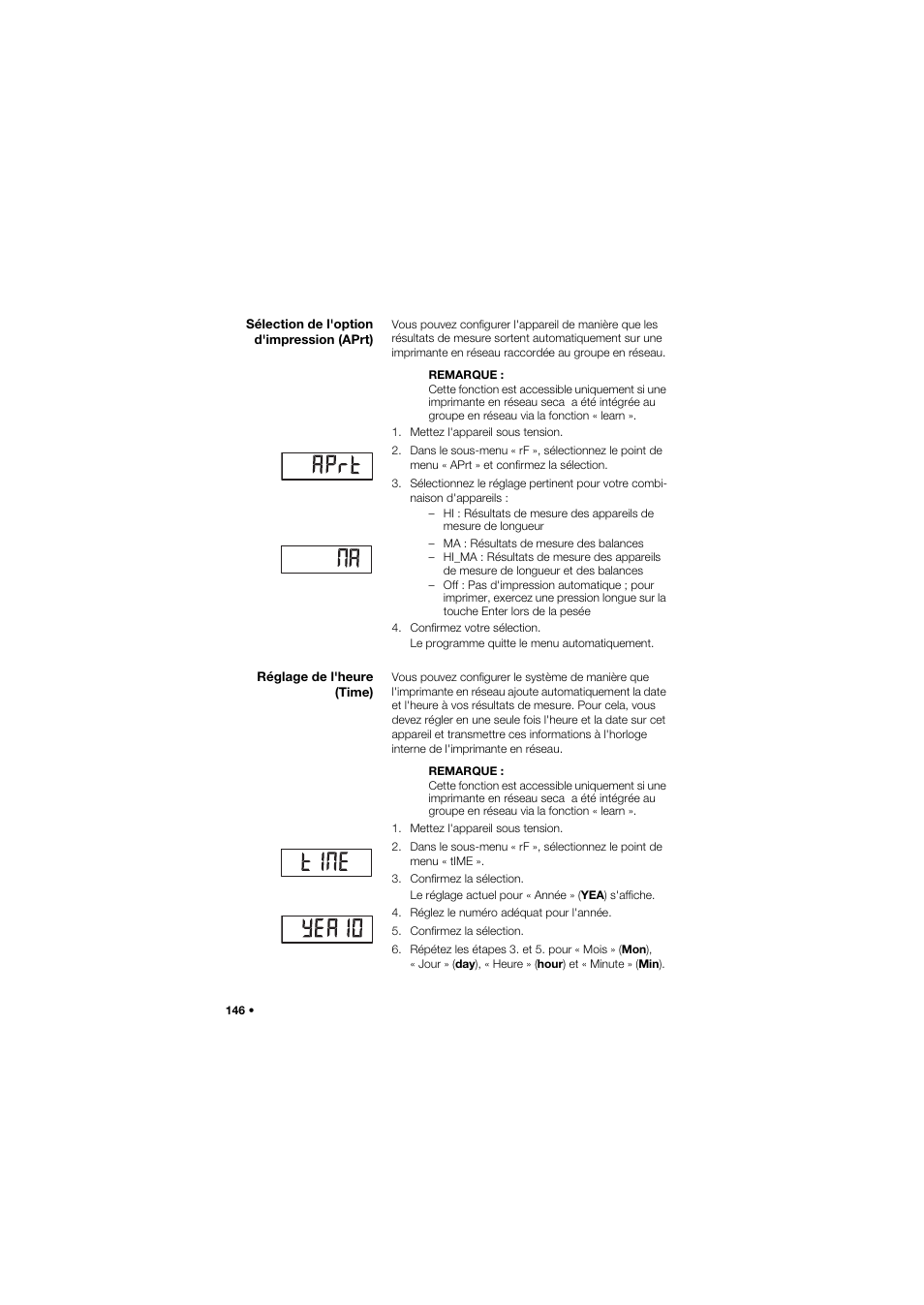 Sélection de l'option d'impression (aprt), Réglage de l'heure (time) | Seca 665 User Manual | Page 146 / 377