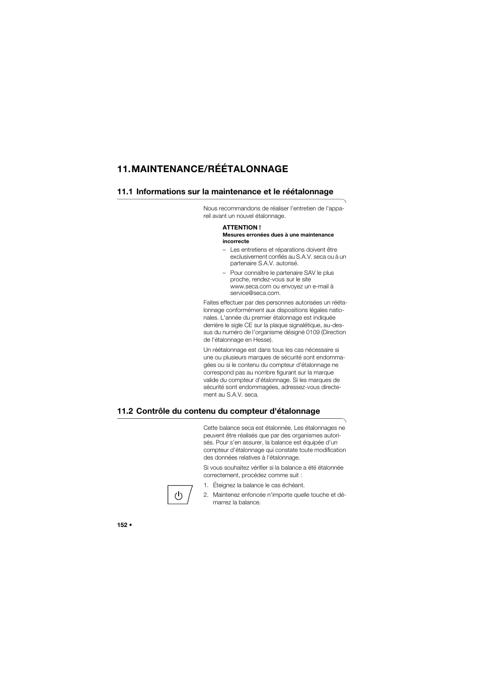 Maintenance/réétalonnage, 2 contrôle du contenu du compteur d'étalonnage | Seca 665 User Manual | Page 152 / 377