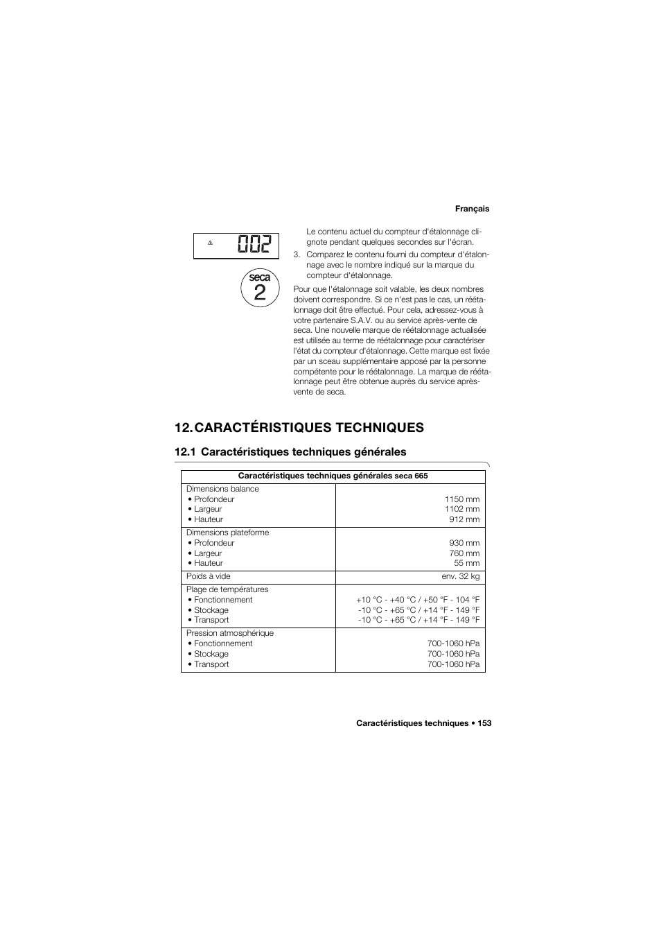 Caractéristiques techniques, 1 caractéristiques techniques générales | Seca 665 User Manual | Page 153 / 377