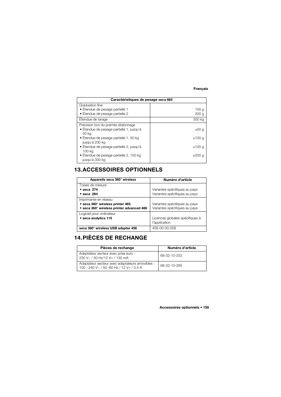 Accessoires optionnels, Pièces de rechange, Accessoires optionnels 14.pièces de rechange | Seca 665 User Manual | Page 155 / 377