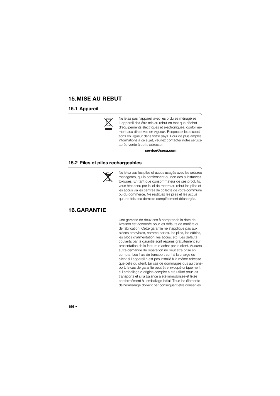 Mise au rebut, 1 appareil, 2 piles et piles rechargeables | Garantie | Seca 665 User Manual | Page 156 / 377