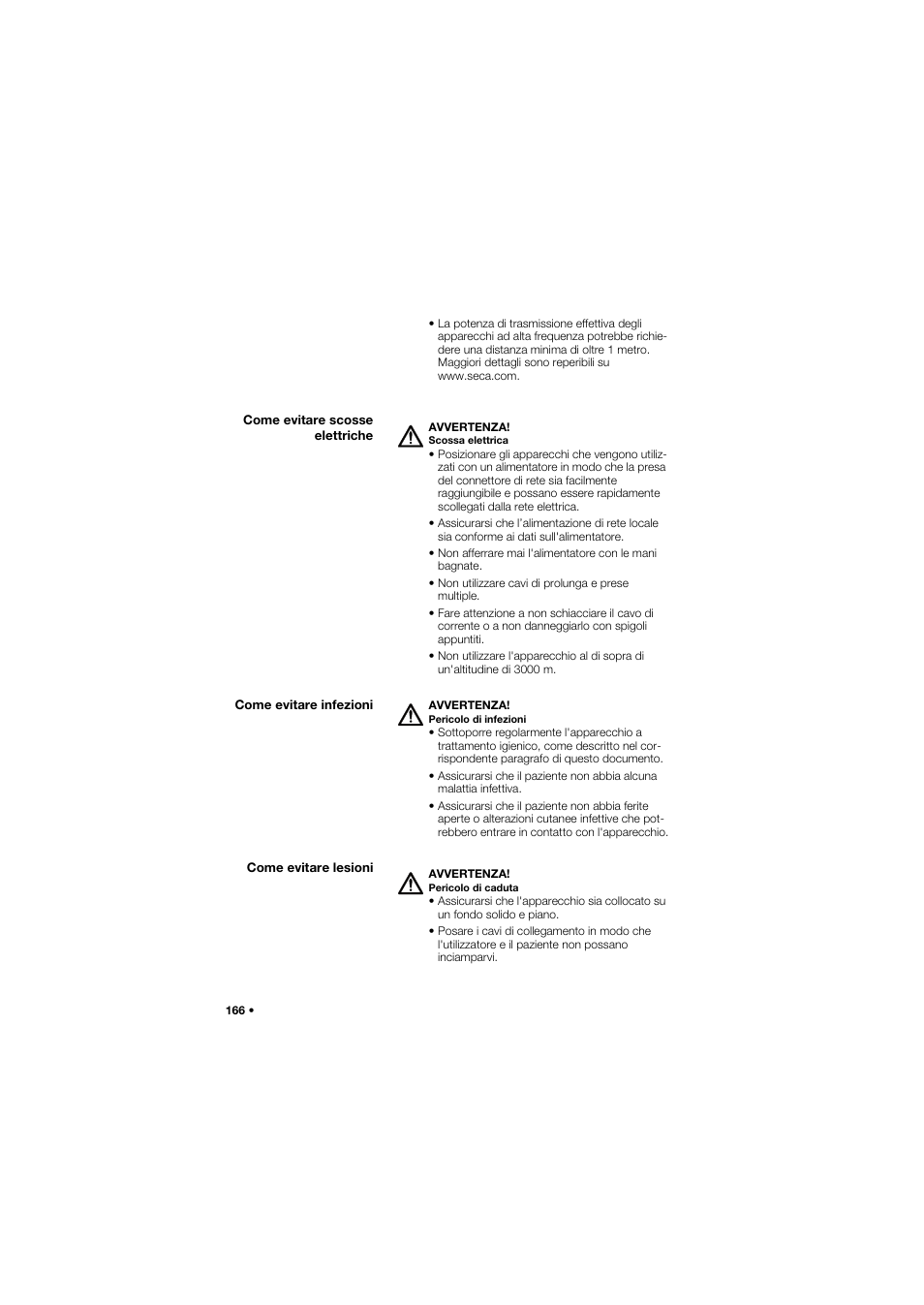 Come evitare scosse elettriche, Come evitare infezioni, Come evitare lesioni | Seca 665 User Manual | Page 166 / 377