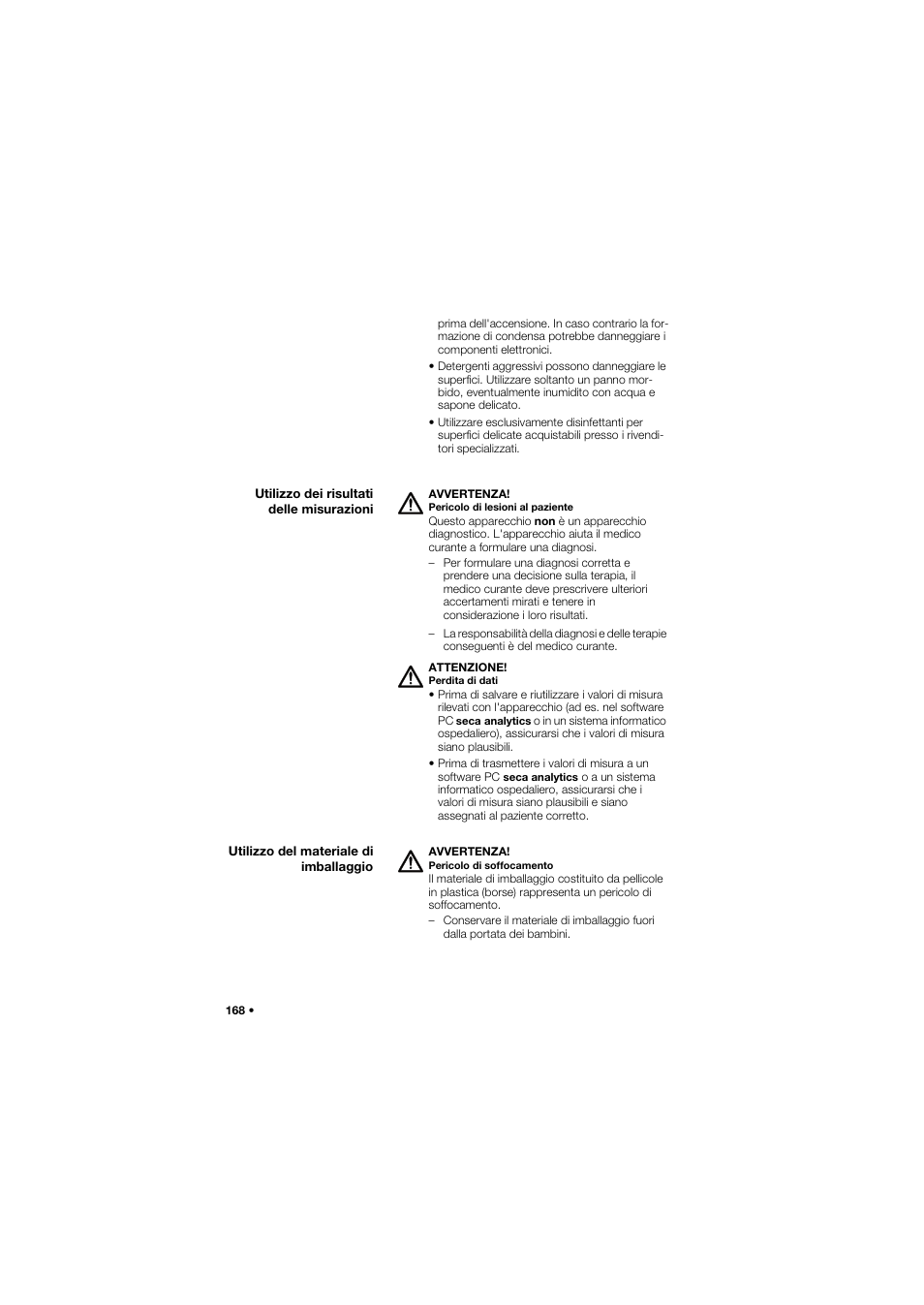 Utilizzo dei risultati delle misurazioni, Utilizzo del materiale di imballaggio | Seca 665 User Manual | Page 168 / 377
