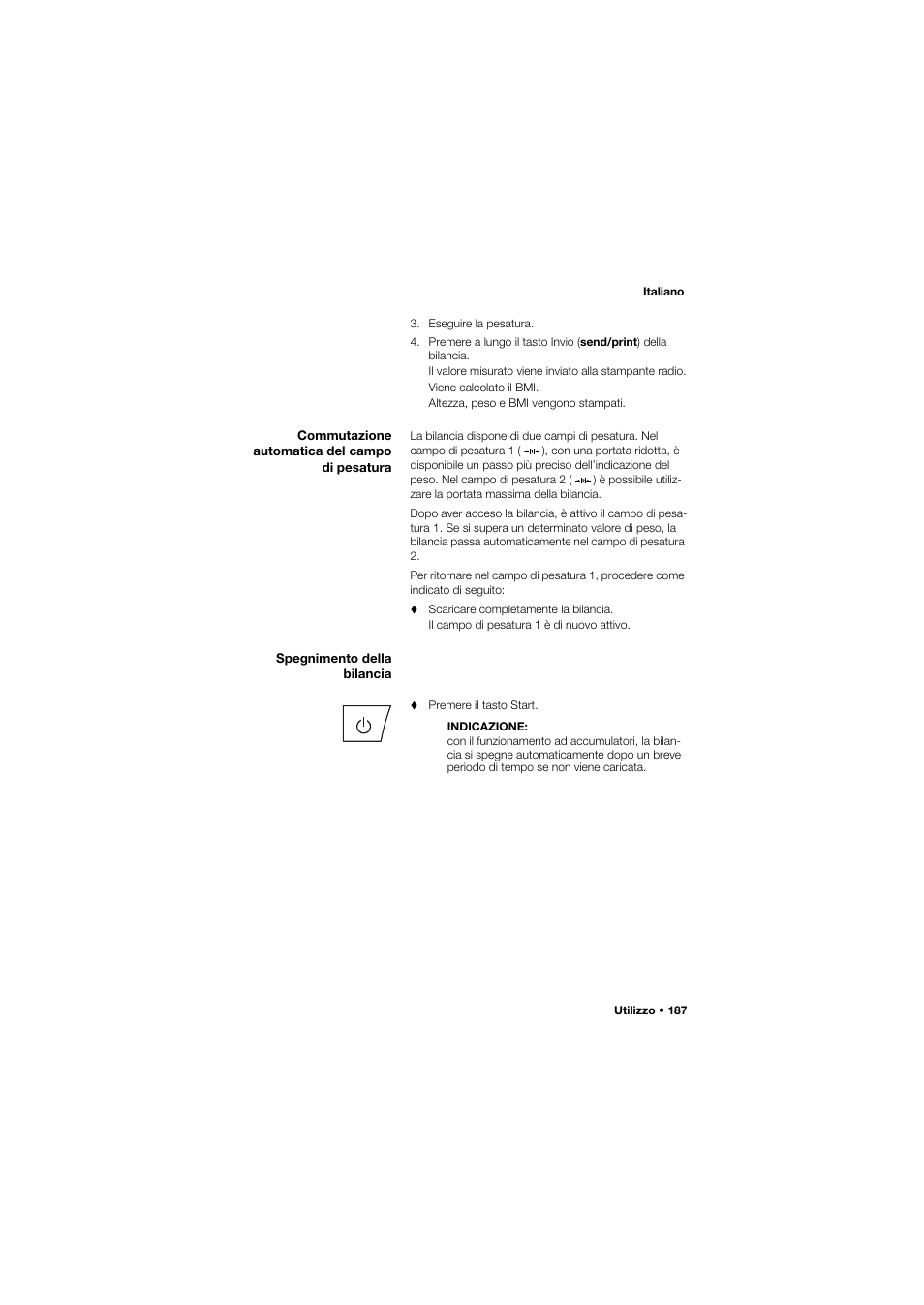 Commutazione automatica del campo di pesatura, Spegnimento della bilancia | Seca 665 User Manual | Page 187 / 377