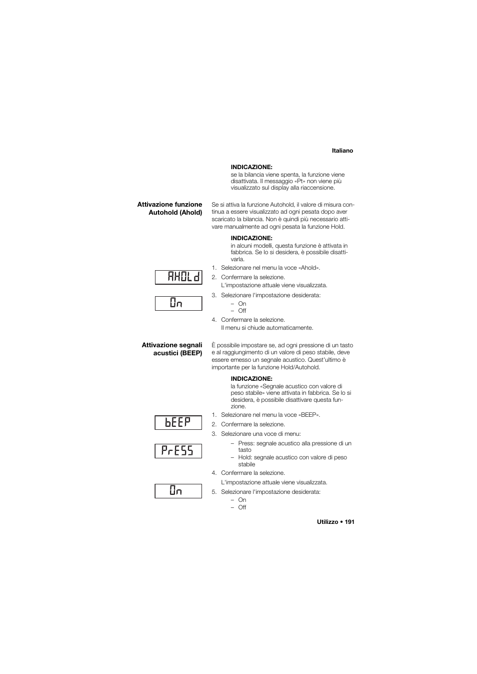 Attivazione funzione autohold (ahold), Attivazione segnali acustici (beep) | Seca 665 User Manual | Page 191 / 377