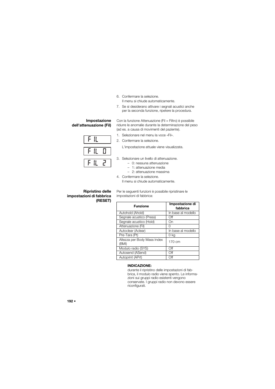 Impostazione dell'attenuazione (fil), Ripristino delle impostazioni di fabbrica (reset) | Seca 665 User Manual | Page 192 / 377