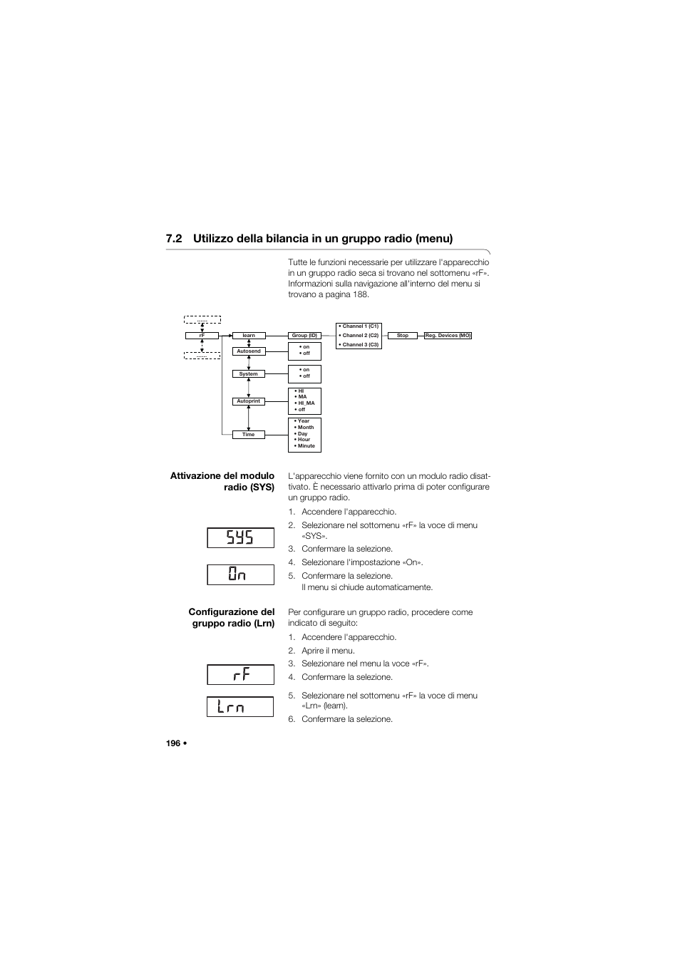 Attivazione del modulo radio (sys), Configurazione del gruppo radio (lrn) | Seca 665 User Manual | Page 196 / 377