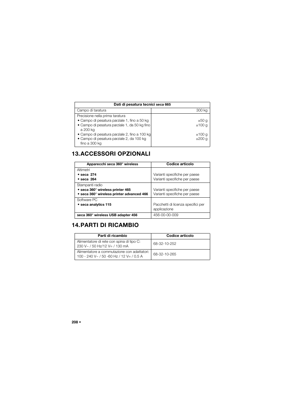 Accessori opzionali, Parti di ricambio, Accessori opzionali 14.parti di ricambio | Seca 665 User Manual | Page 208 / 377