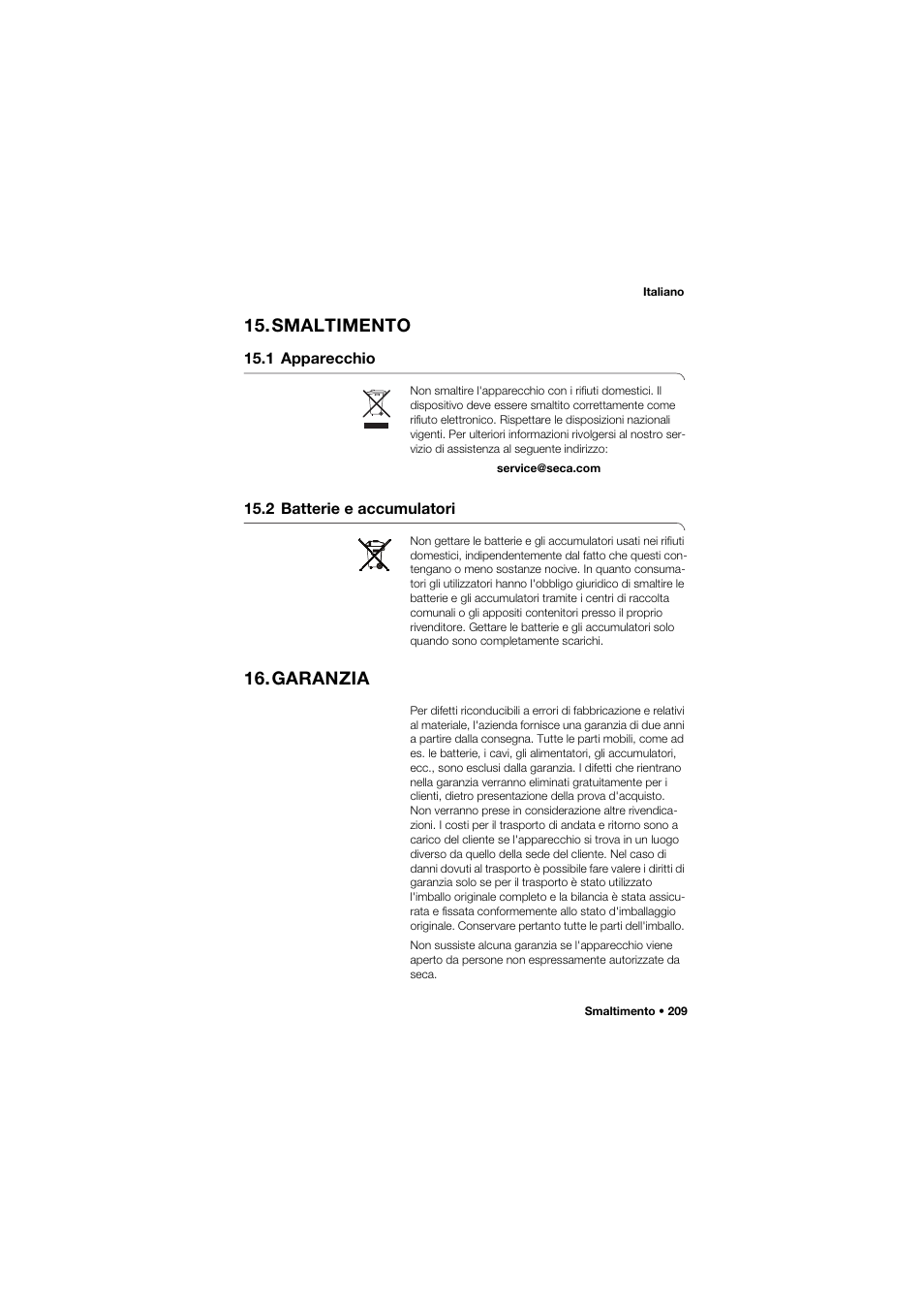 Smaltimento, 1 apparecchio, 2 batterie e accumulatori | Garanzia | Seca 665 User Manual | Page 209 / 377