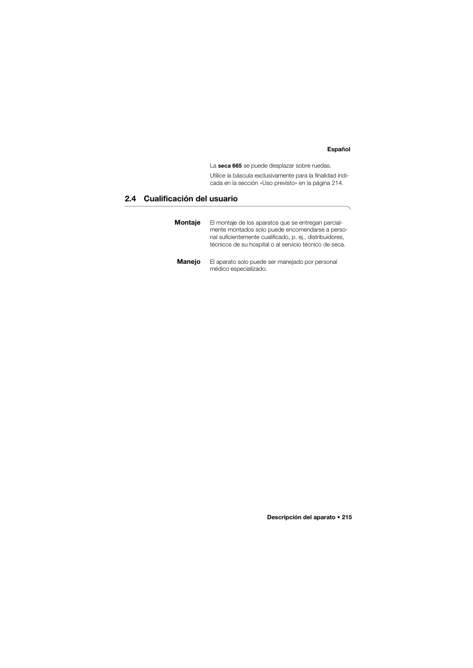 4 cualificación del usuario, Montaje, Manejo | Seca 665 User Manual | Page 215 / 377