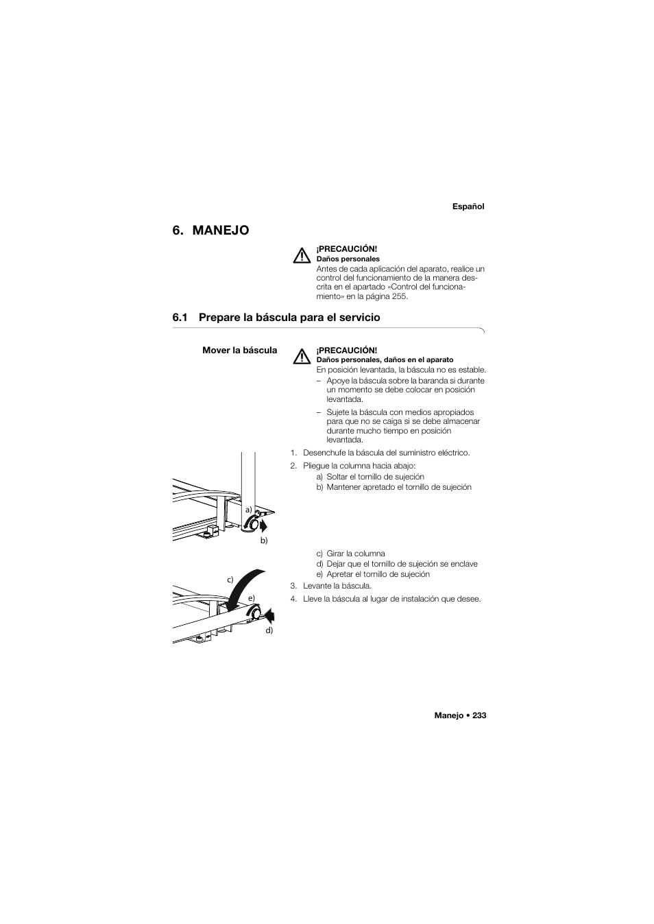 Manejo, 1 prepare la báscula para el servicio, Mover la báscula | Seca 665 User Manual | Page 233 / 377