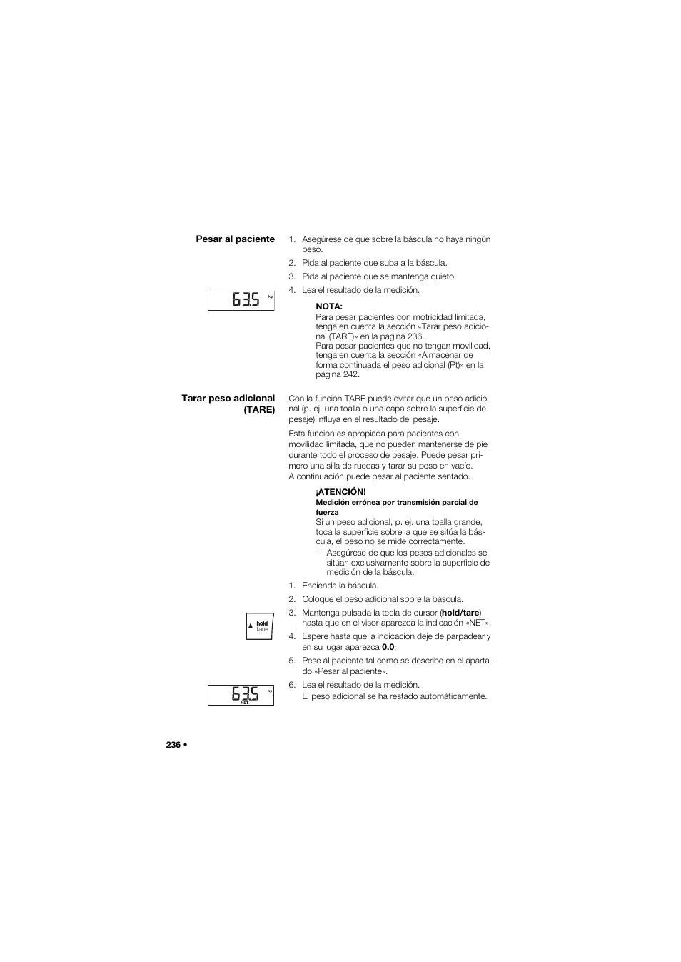 Pesar al paciente, Tarar peso adicional (tare) | Seca 665 User Manual | Page 236 / 377