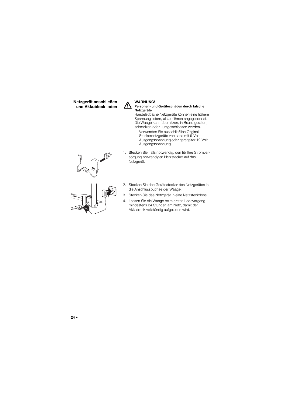 Netzgerät anschließen und akkublock laden | Seca 665 User Manual | Page 24 / 377