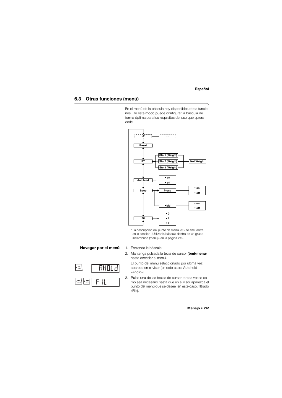 3 otras funciones (menú), Navegar por el menú | Seca 665 User Manual | Page 241 / 377