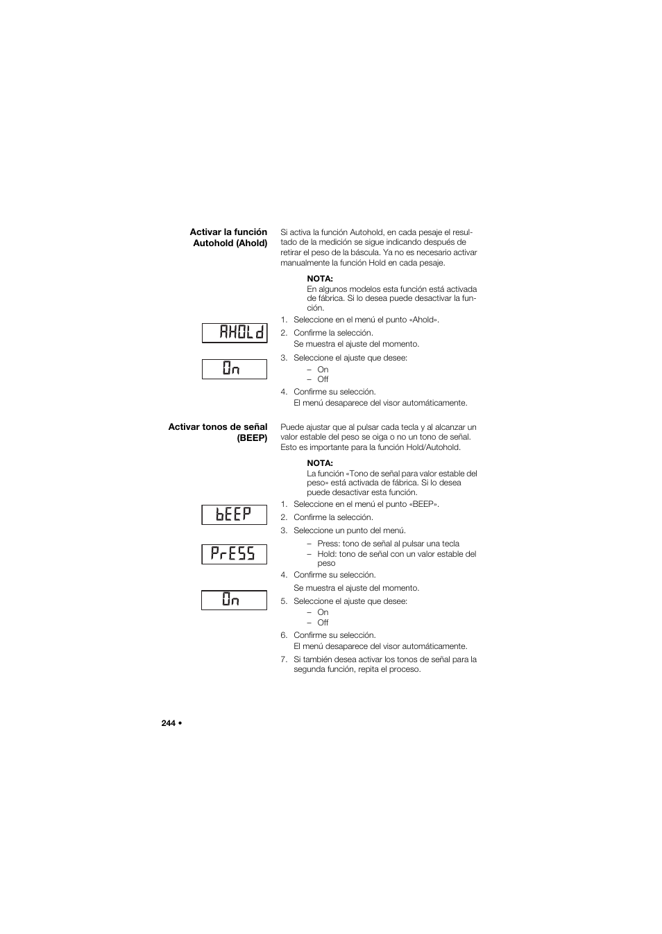 Activar la función autohold (ahold), Activar tonos de señal (beep) | Seca 665 User Manual | Page 244 / 377