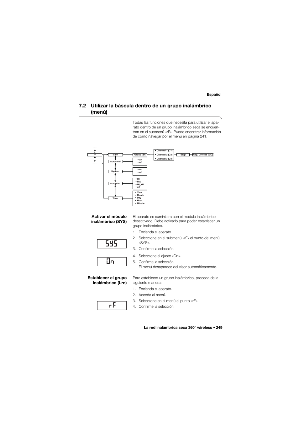 Activar el módulo inalámbrico (sys), Establecer el grupo inalámbrico (lrn), 2 utilizar la báscula dentro de un | Grupo inalámbrico (menú) | Seca 665 User Manual | Page 249 / 377