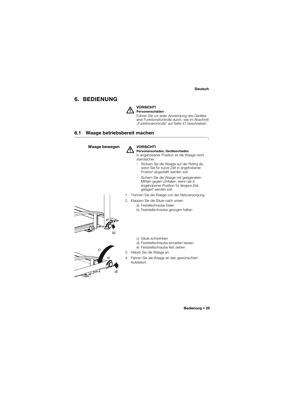 Bedienung, 1 waage betriebsbereit machen, Waage bewegen | Seca 665 User Manual | Page 25 / 377