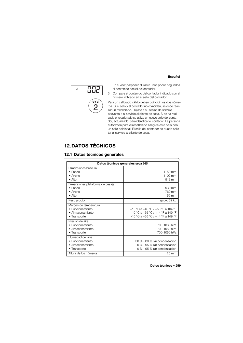 Datos técnicos, 1 datos técnicos generales | Seca 665 User Manual | Page 259 / 377