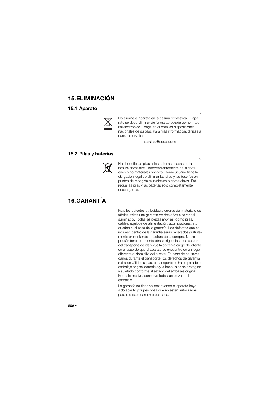 Eliminación, 1 aparato, 2 pilas y baterías | Garantía | Seca 665 User Manual | Page 262 / 377