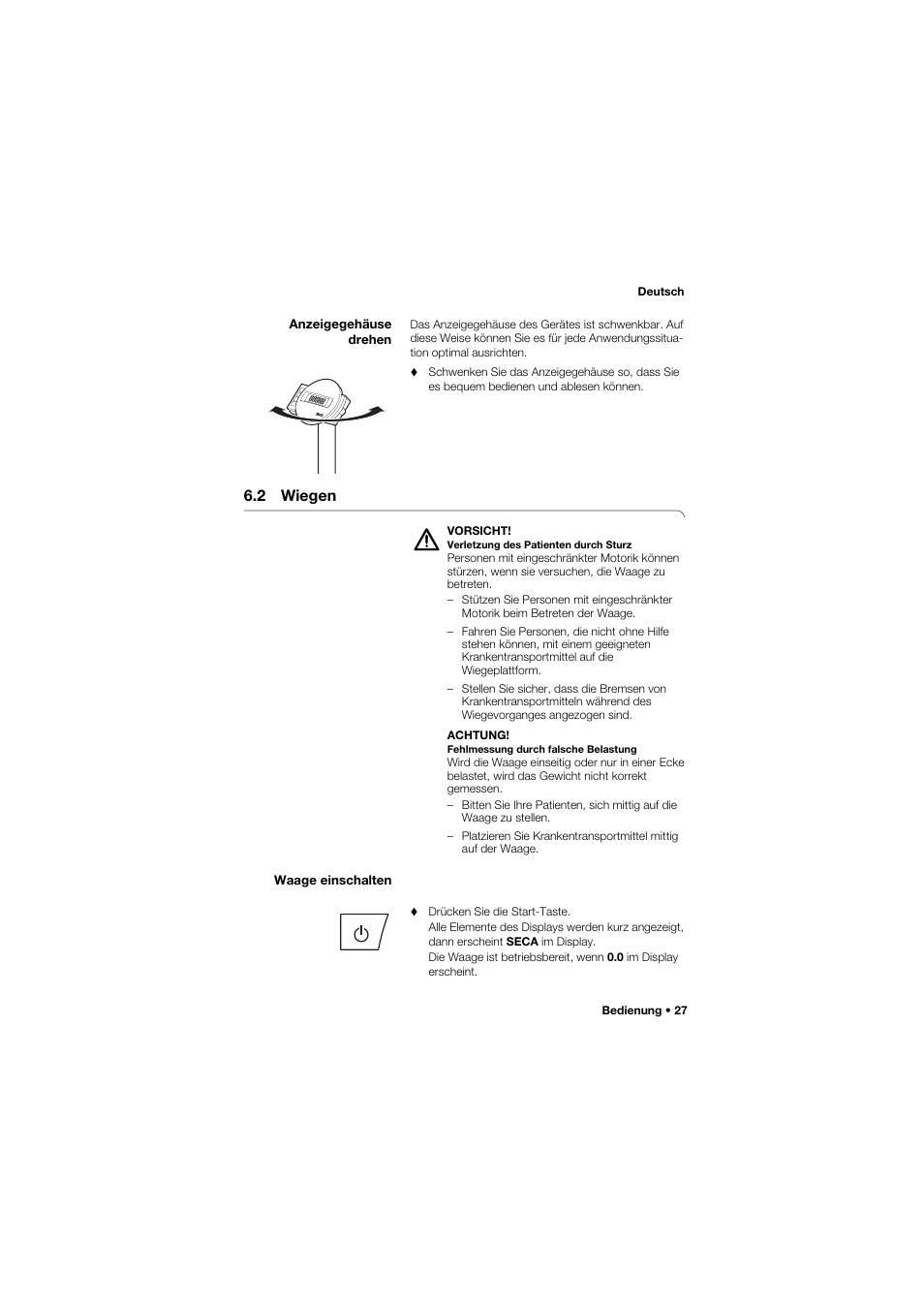 Anzeigegehäuse drehen, 2 wiegen, Waage einschalten | Seca 665 User Manual | Page 27 / 377