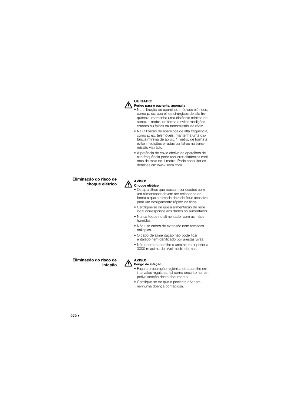 Eliminação do risco de choque elétrico, Eliminação do risco de infeção | Seca 665 User Manual | Page 272 / 377