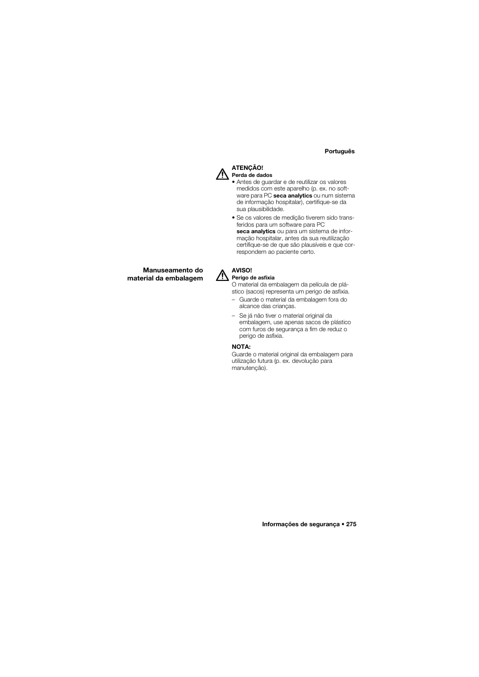 Manuseamento do material da embalagem | Seca 665 User Manual | Page 275 / 377