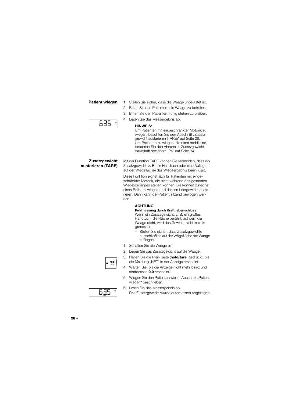 Patient wiegen, Zusatzgewicht austarieren (tare) | Seca 665 User Manual | Page 28 / 377