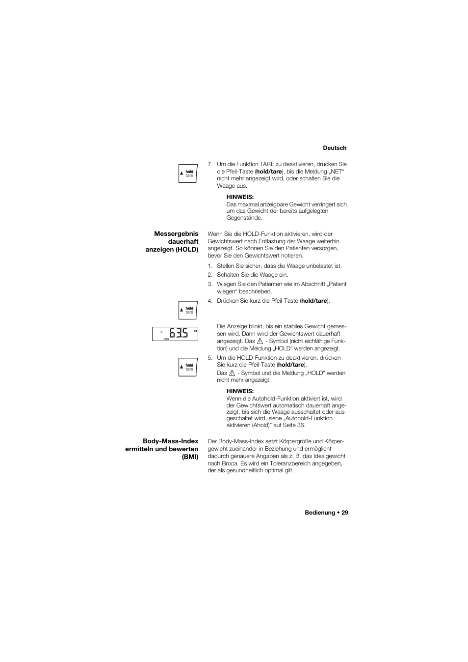 Messergebnis dauerhaft anzeigen (hold), Body-mass-index ermitteln und bewerten (bmi) | Seca 665 User Manual | Page 29 / 377