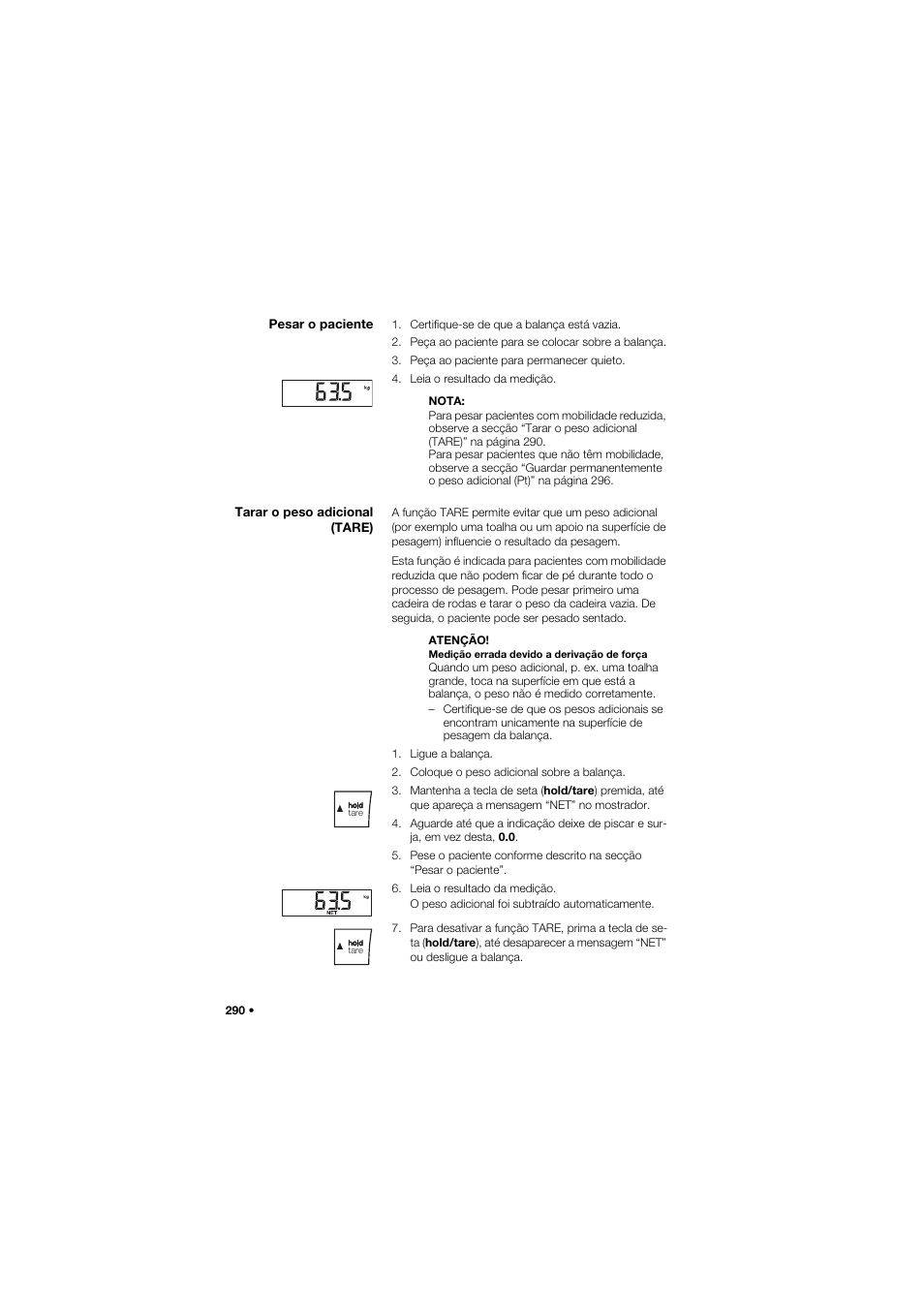 Pesar o paciente, Tarar o peso adicional (tare) | Seca 665 User Manual | Page 290 / 377