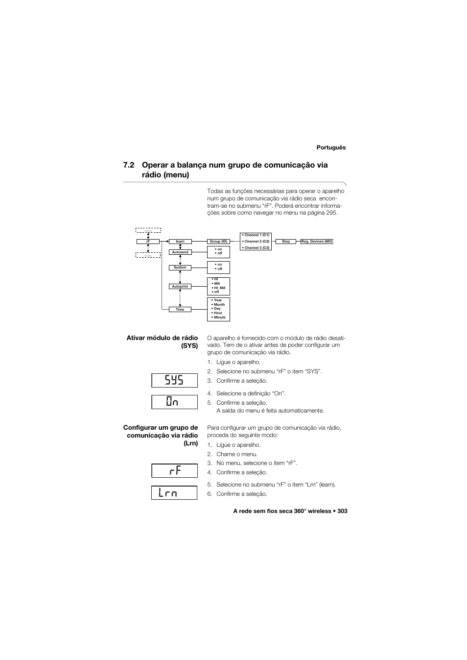 Ativar módulo de rádio (sys), Configurar um grupo de comunicação via rádio (lrn), 2 operar a balança num | Grupo de comunicação via rádio (menu) | Seca 665 User Manual | Page 303 / 377