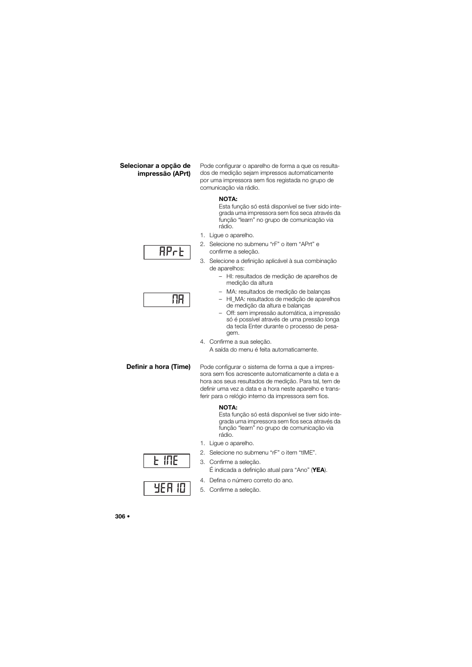 Selecionar a opção de impressão (aprt), Definir a hora (time) | Seca 665 User Manual | Page 306 / 377