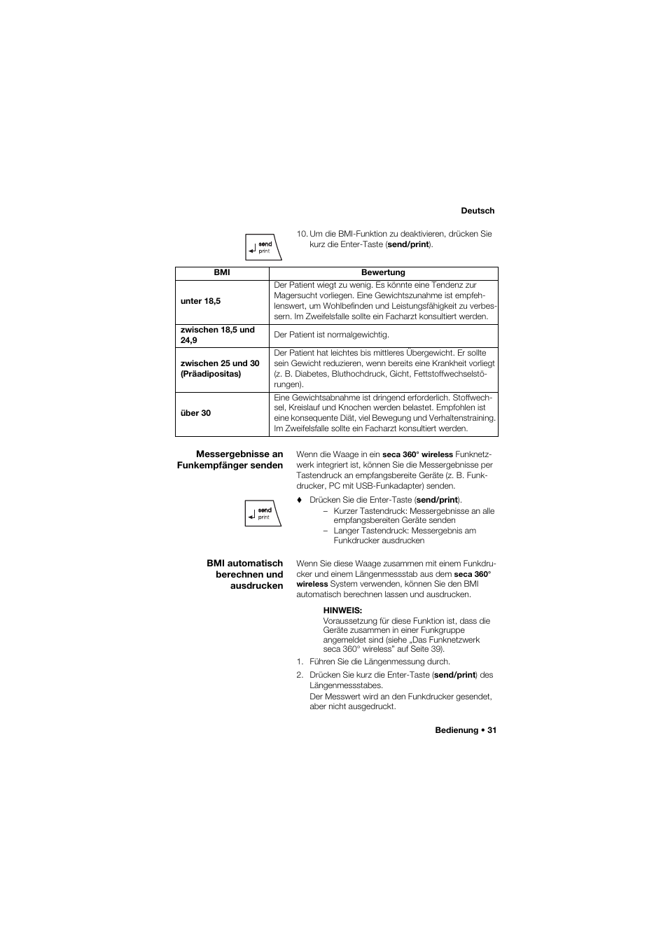 Messergebnisse an funkempfänger senden, Bmi automatisch berechnen und ausdrucken | Seca 665 User Manual | Page 31 / 377