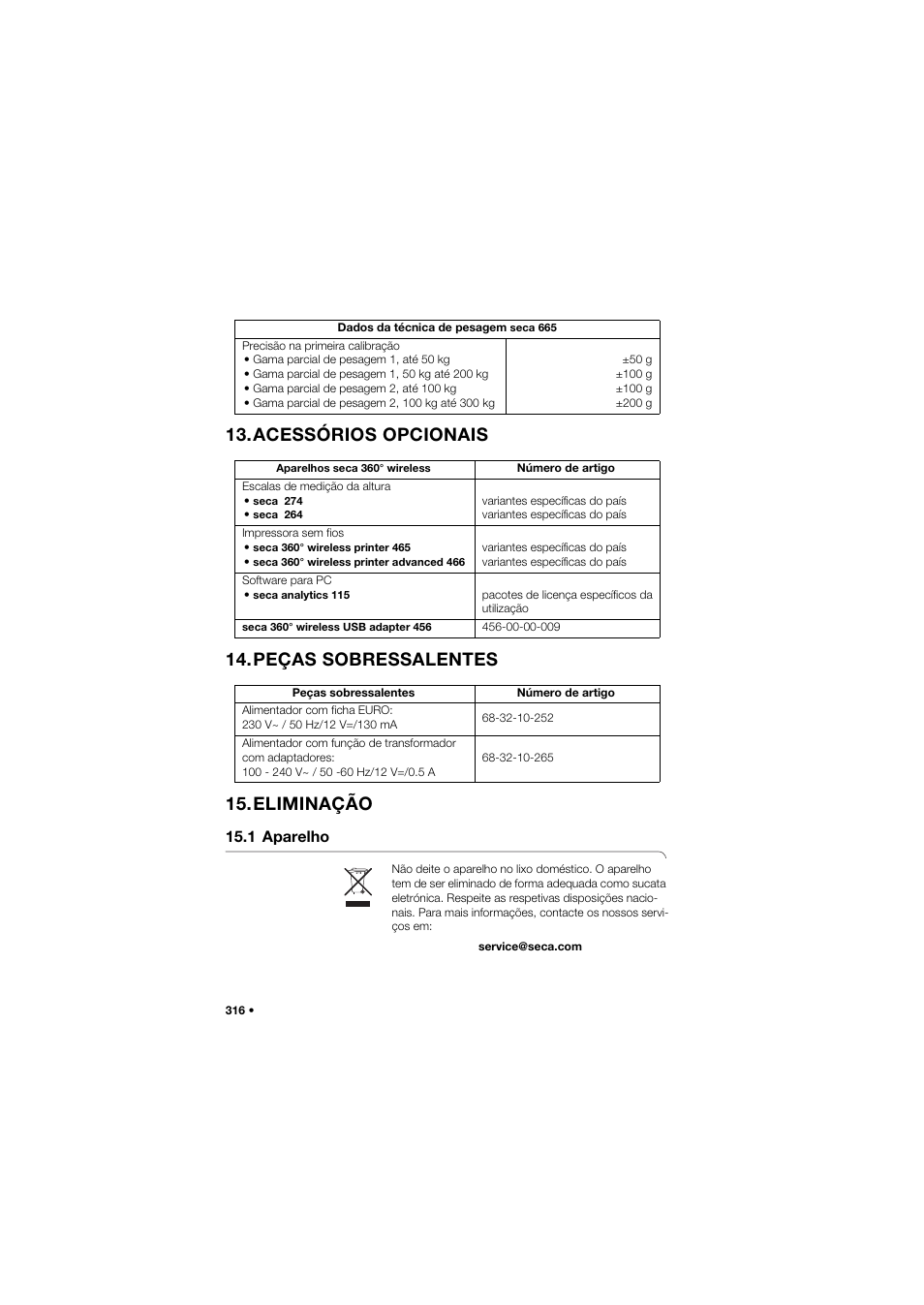 Acessórios opcionais, Peças sobressalentes, Eliminação | 1 aparelho | Seca 665 User Manual | Page 316 / 377