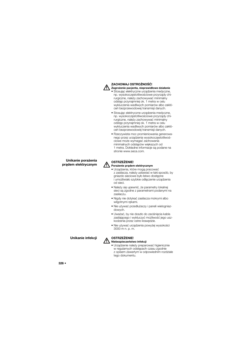 Unikanie porażenia prądem elektrycznym, Unikanie infekcji | Seca 665 User Manual | Page 326 / 377