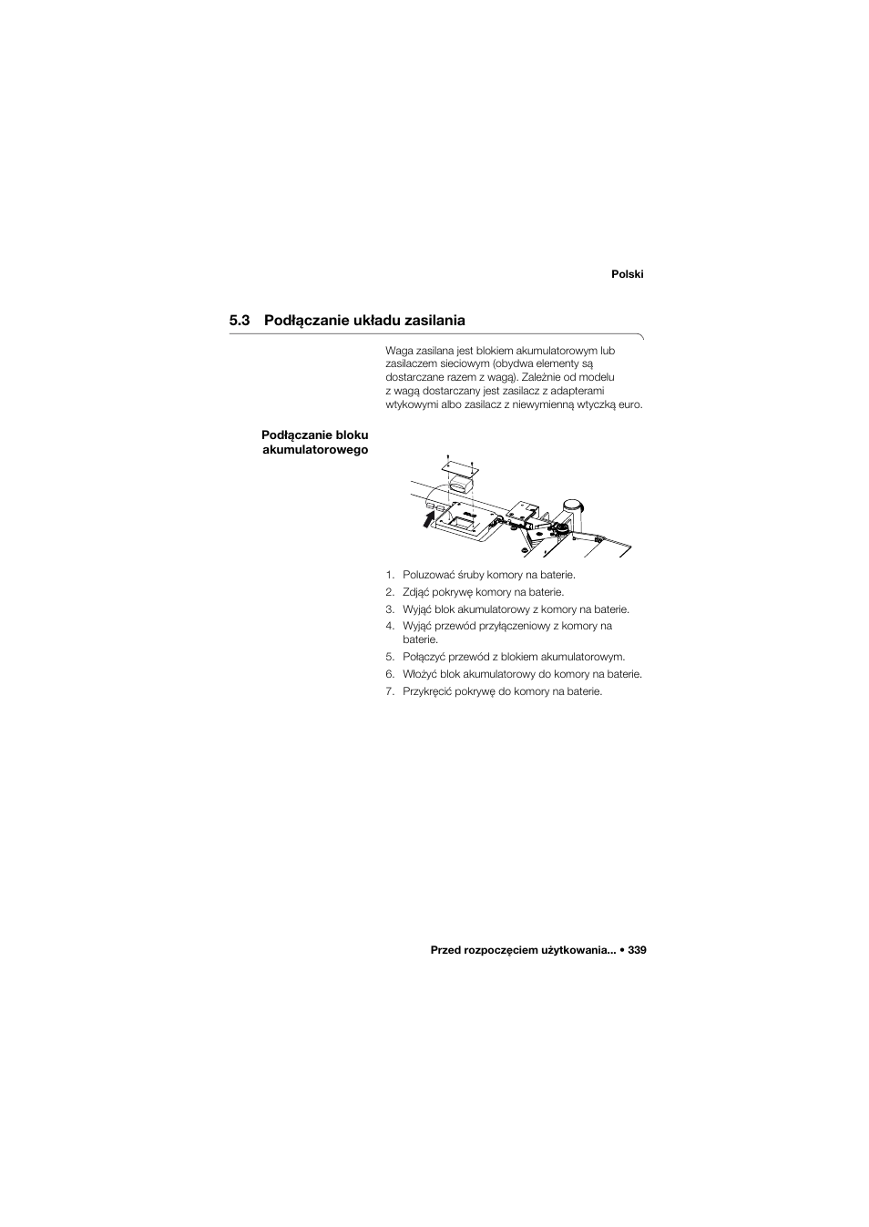 3 podłączanie układu zasilania, Podłączanie bloku akumulatorowego | Seca 665 User Manual | Page 339 / 377