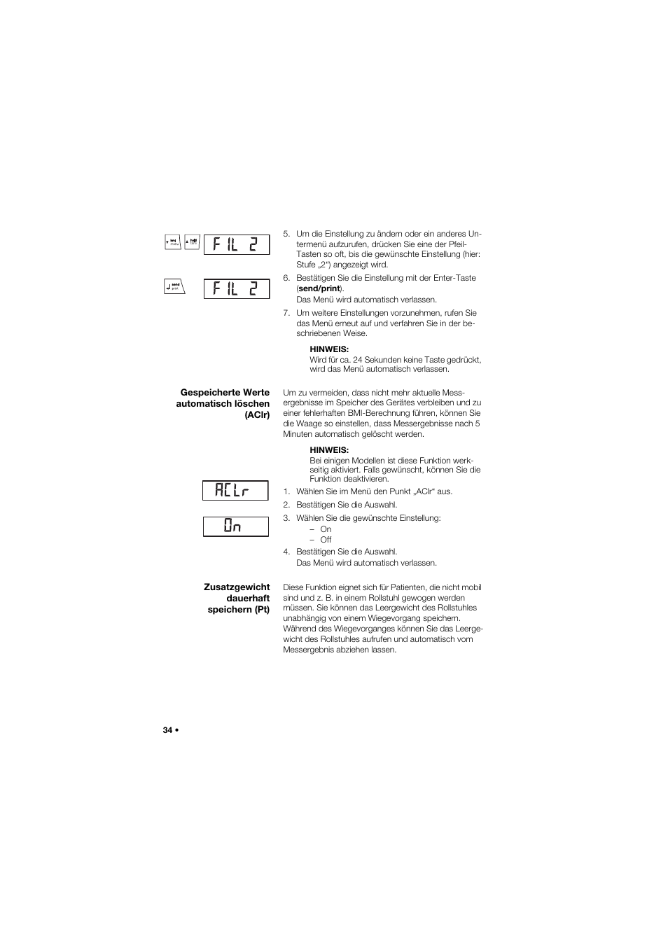 Gespeicherte werte automatisch löschen (aclr), Zusatzgewicht dauerhaft speichern (pt) | Seca 665 User Manual | Page 34 / 377