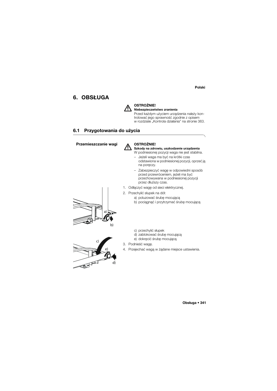 Obsługa, 1 przygotowania do użycia, Przemieszczanie wagi | Seca 665 User Manual | Page 341 / 377