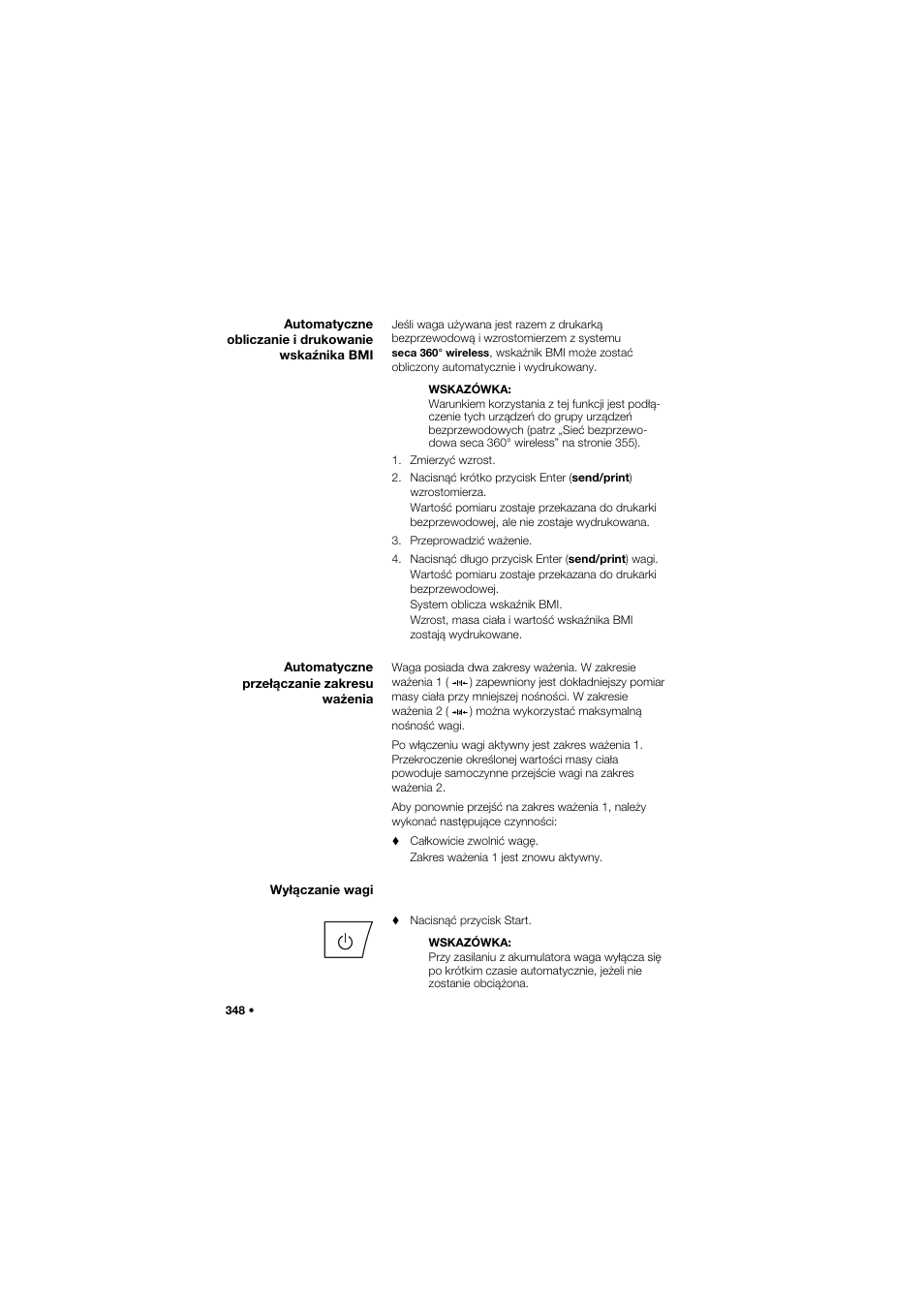 Automatyczne obliczanie i drukowanie wskaźnika bmi, Automatyczne przełączanie zakresu ważenia, Wyłączanie wagi | Seca 665 User Manual | Page 348 / 377