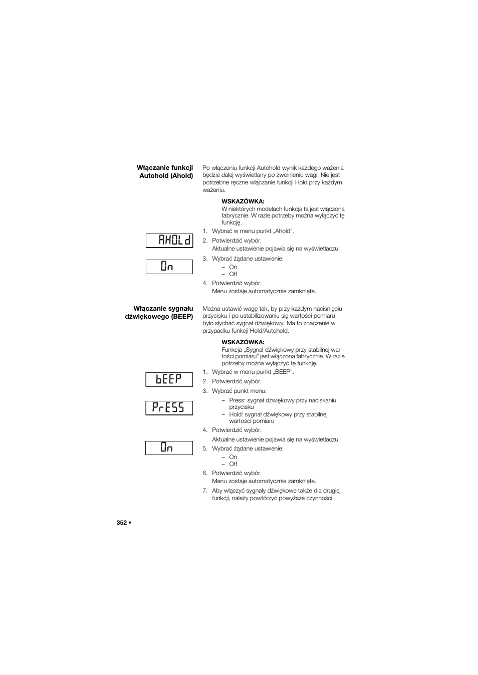 Włączanie funkcji autohold (ahold), Włączanie sygnału dźwiękowego (beep) | Seca 665 User Manual | Page 352 / 377