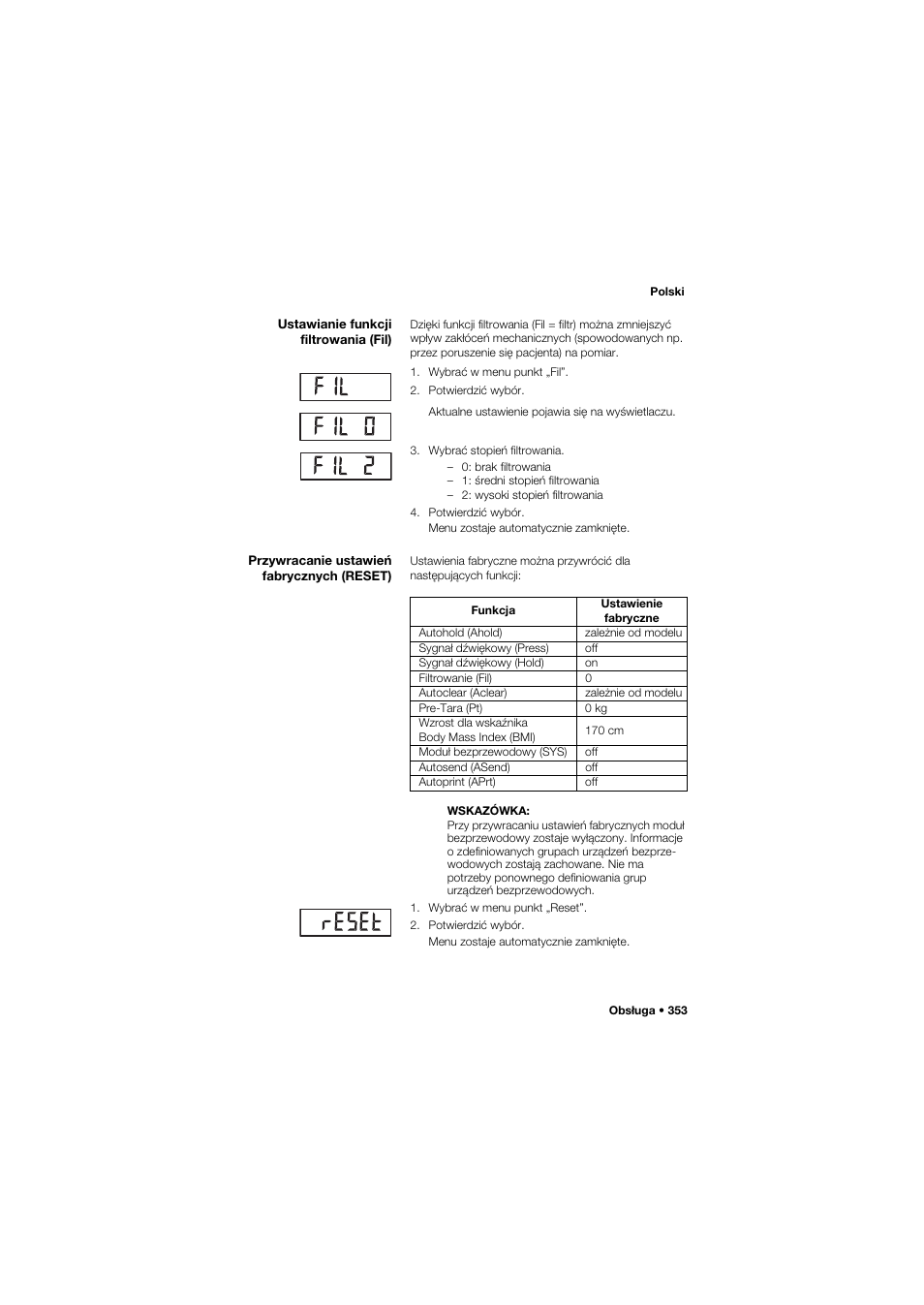 Ustawianie funkcji filtrowania (fil), Przywracanie ustawień fabrycznych (reset) | Seca 665 User Manual | Page 353 / 377