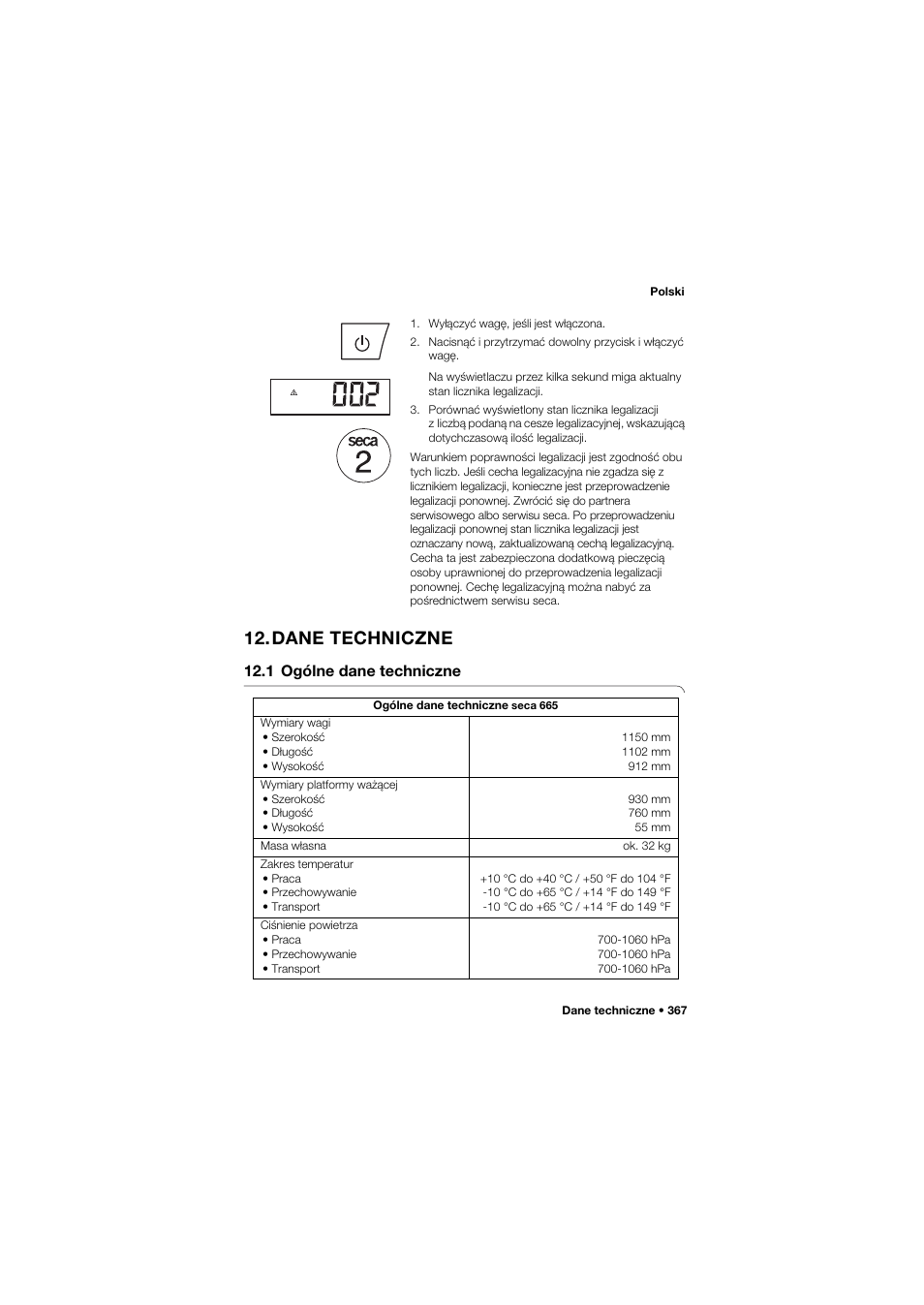 Dane techniczne, 1 ogólne dane techniczne | Seca 665 User Manual | Page 367 / 377