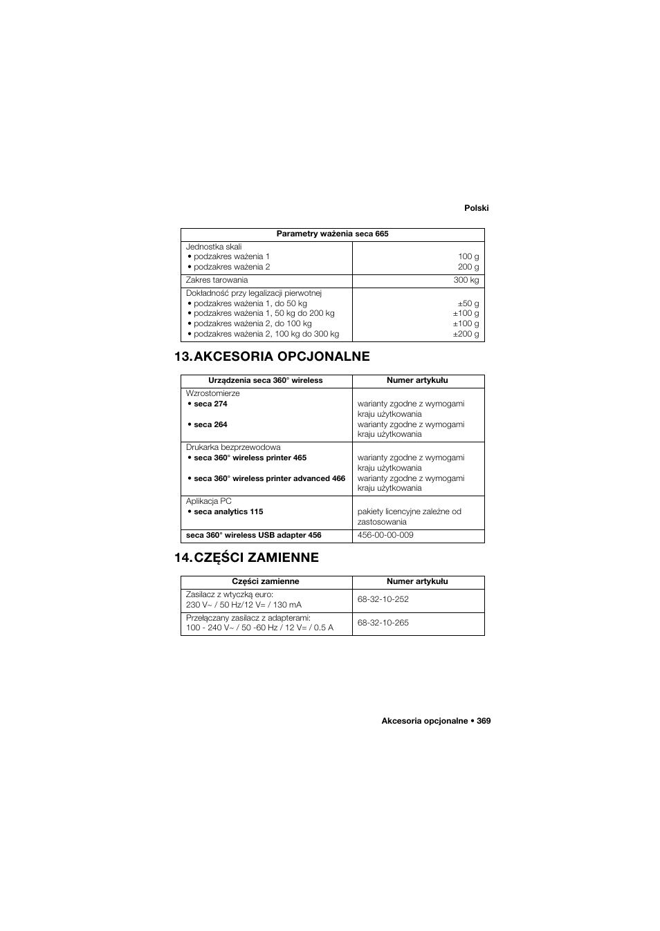 Akcesoria opcjonalne, Części zamienne, Akcesoria opcjonalne 14.części zamienne | Seca 665 User Manual | Page 369 / 377